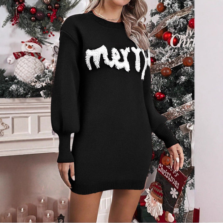 Knit Sweater Dress with Lantern Sleeves and Round Neck for Women