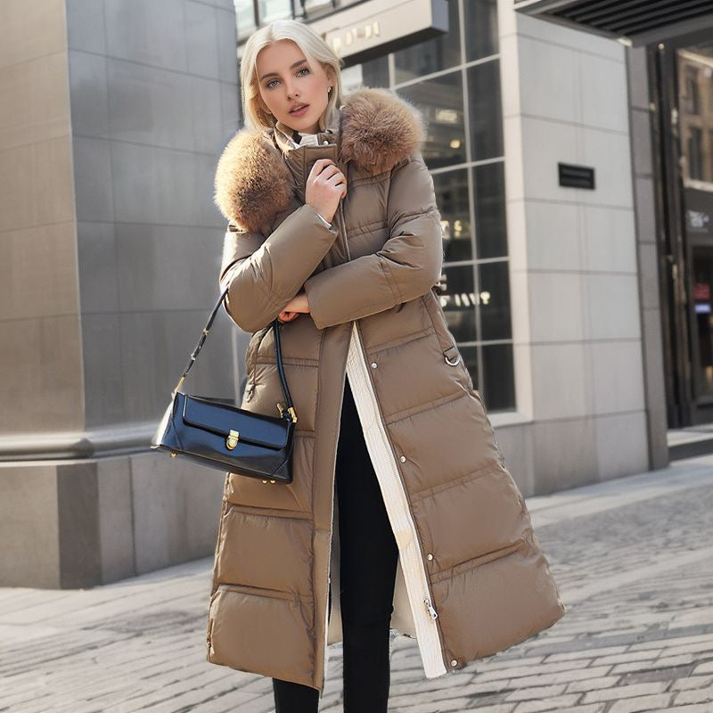 Long Fur Hood Winter Coat for Women, Slim Belted Warm Coat
