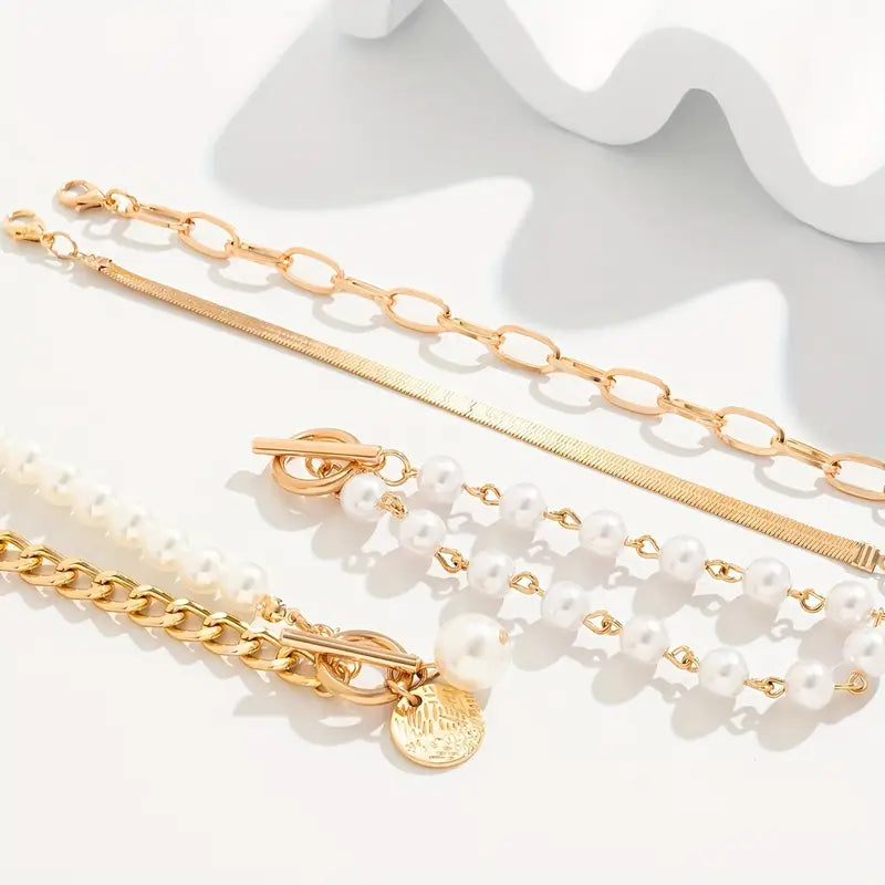 Fauna Gold 4-Piece Bracelet Set - Snake, Pearls &amp; Links | Gold