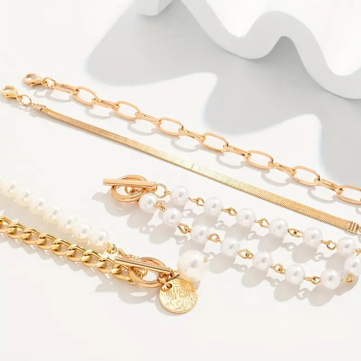 Fauna Gold 4-Piece Bracelet Set - Snake, Pearls &amp; Links | Gold