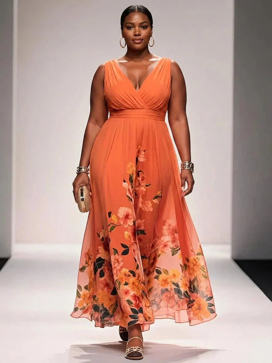 Salma | Light Blue Floral Chiffon V-Neck Maxi Dress