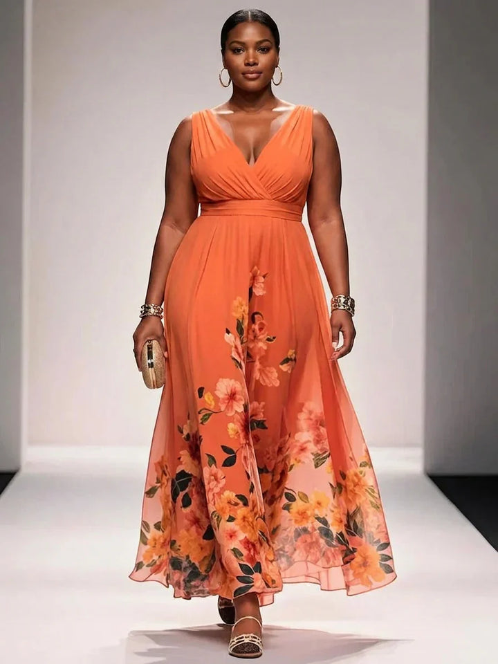 Salma | Light Blue Floral Chiffon V-Neck Maxi Dress
