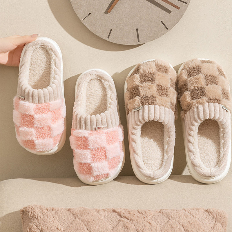 Plaid Plush Slippers for Women, Soft Sole and Non-Slip