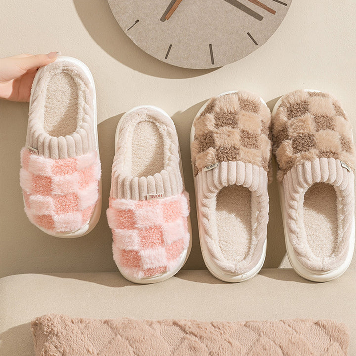 Plaid Plush Slippers for Women, Soft Sole and Non-Slip