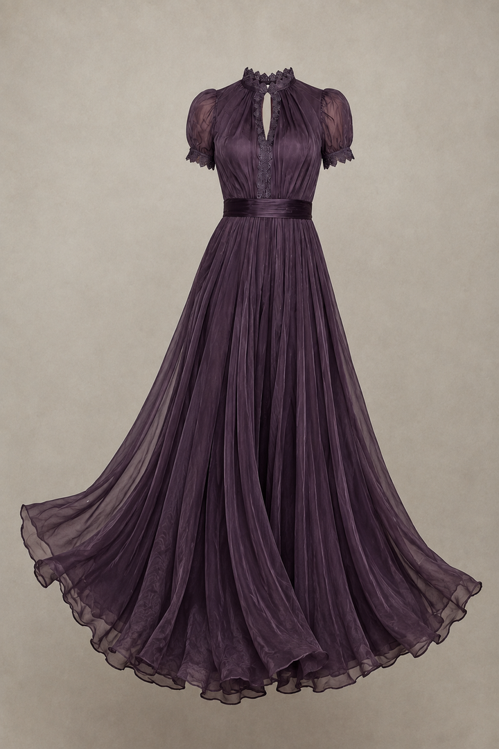 Adeline | Lace Trim Keyhole Pleated Maxi Dress
