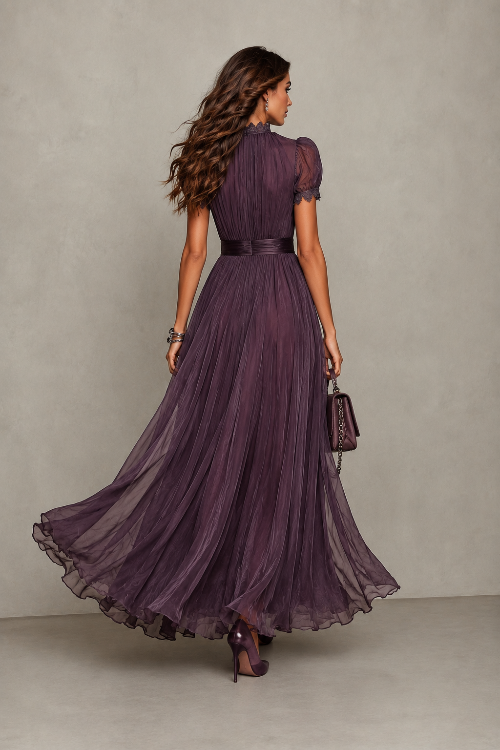 Adeline | Lace Trim Keyhole Pleated Maxi Dress