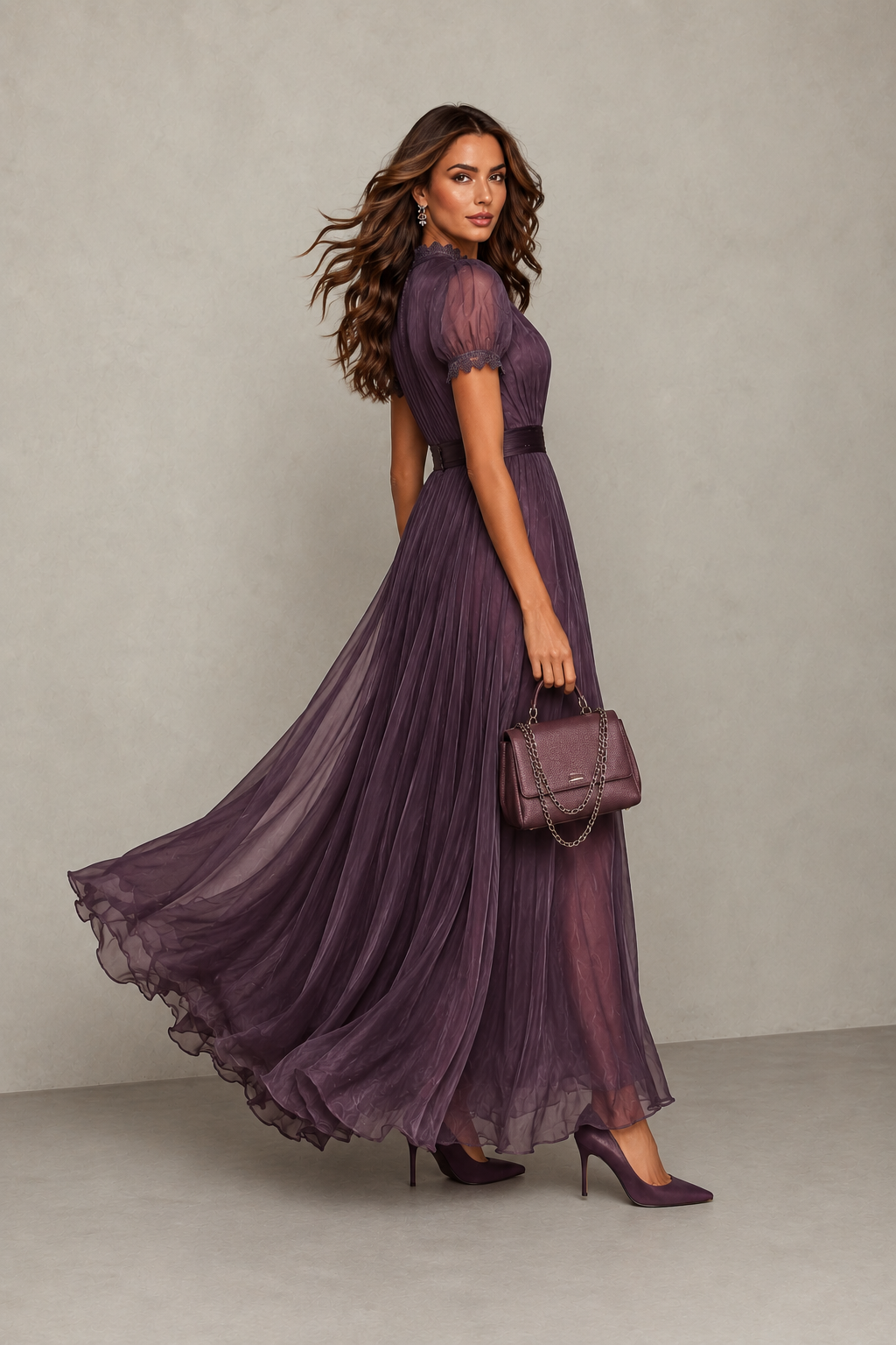 Adeline | Lace Trim Keyhole Pleated Maxi Dress