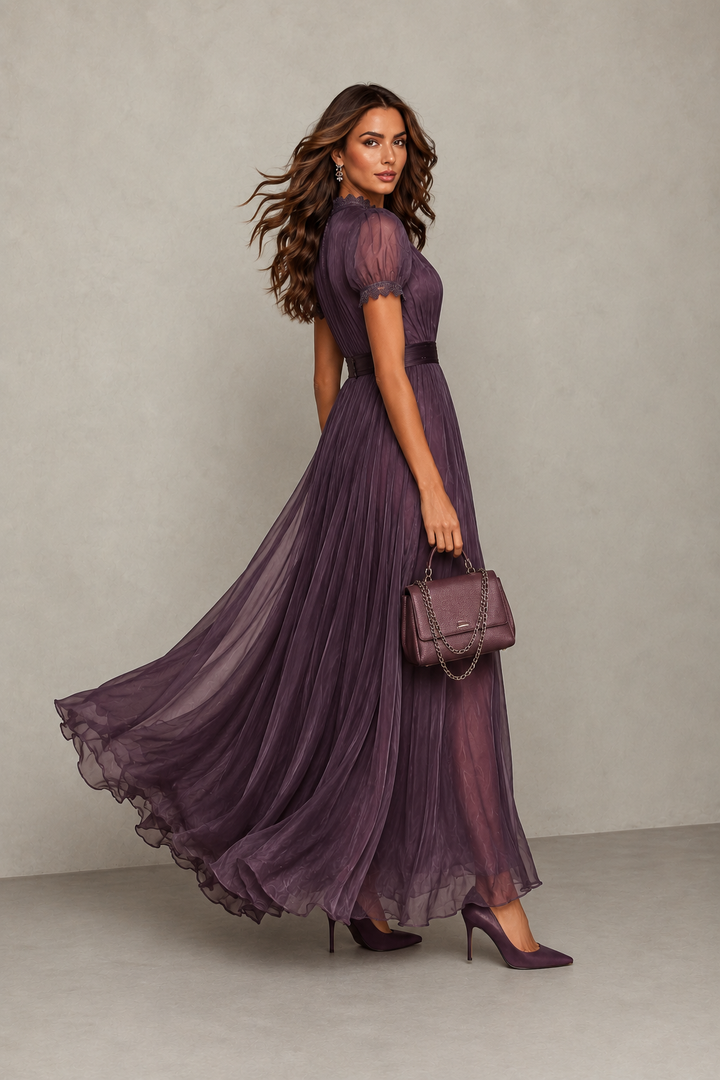 Adeline | Lace Trim Keyhole Pleated Maxi Dress