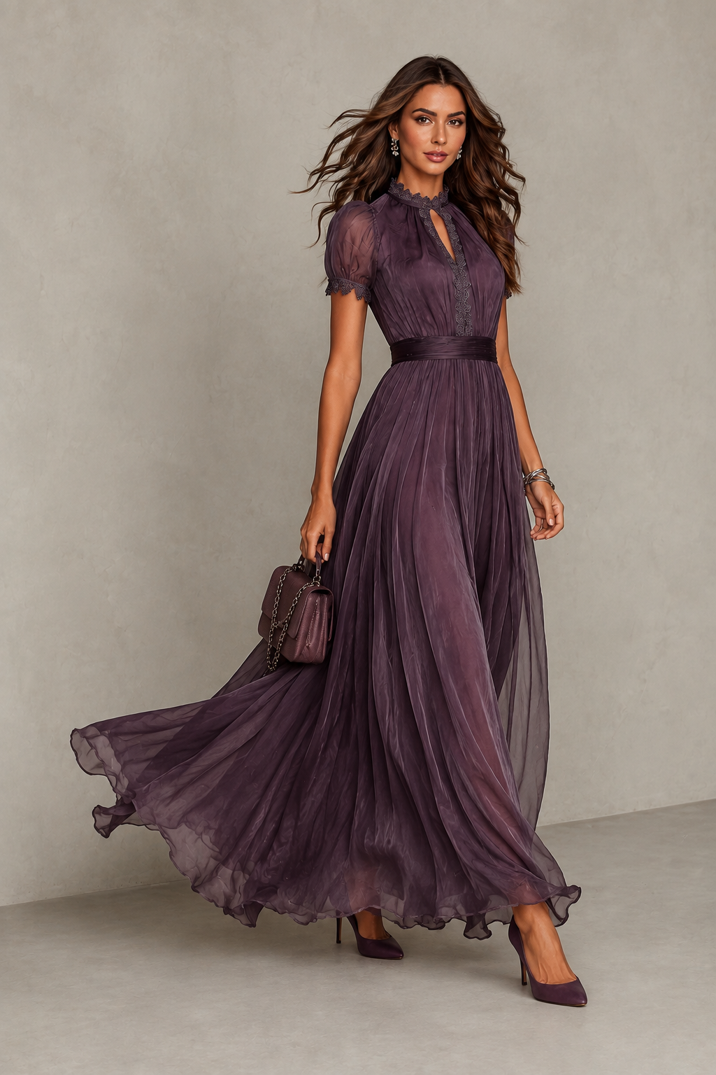 Adeline | Lace Trim Keyhole Pleated Maxi Dress