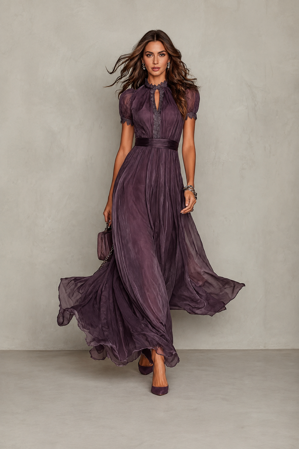 Adeline | Lace Trim Keyhole Pleated Maxi Dress