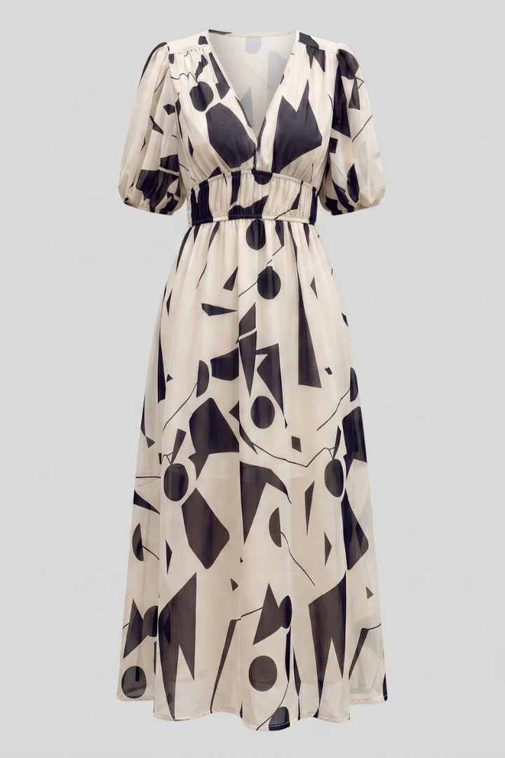Amara | V Neck Short Sleeve Gathered Waist Midi Dress