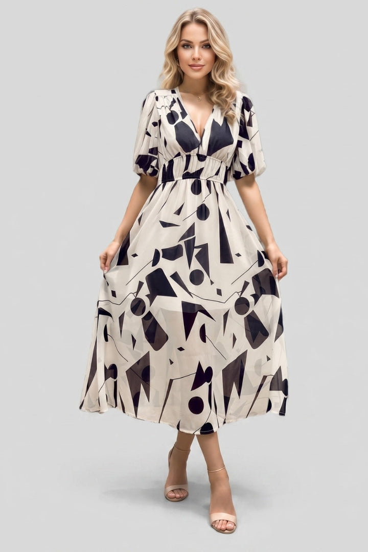 Amara | V Neck Short Sleeve Gathered Waist Midi Dress