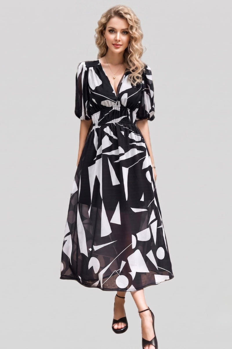 Amara | V Neck Short Sleeve Gathered Waist Midi Dress