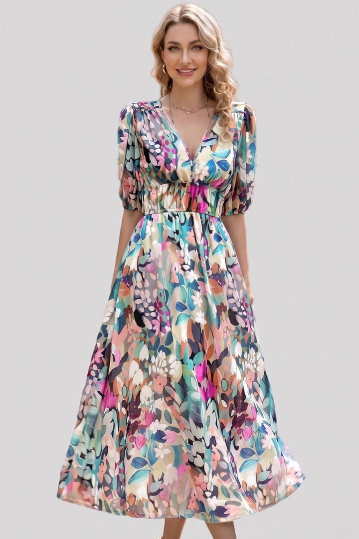 Amara | V Neck Short Sleeve Gathered Waist Midi Dress