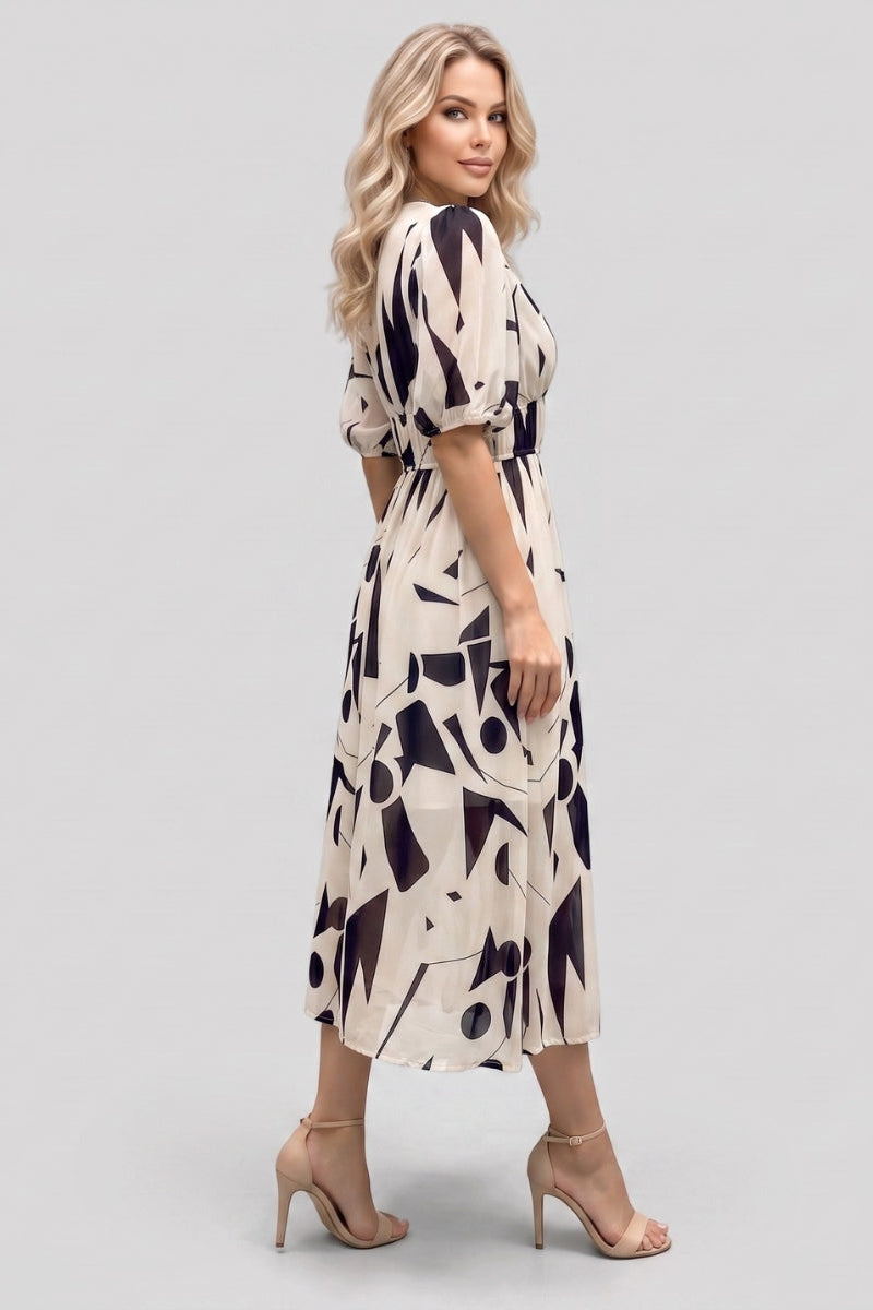 Amara | V Neck Short Sleeve Gathered Waist Midi Dress