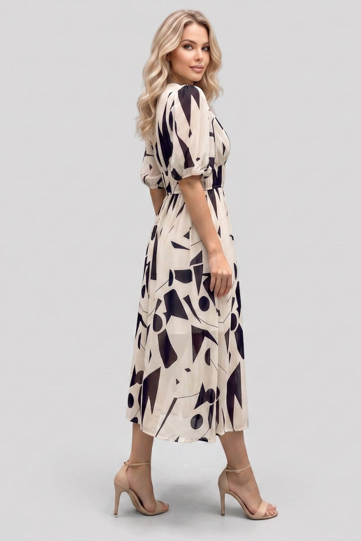 Amara | V Neck Short Sleeve Gathered Waist Midi Dress