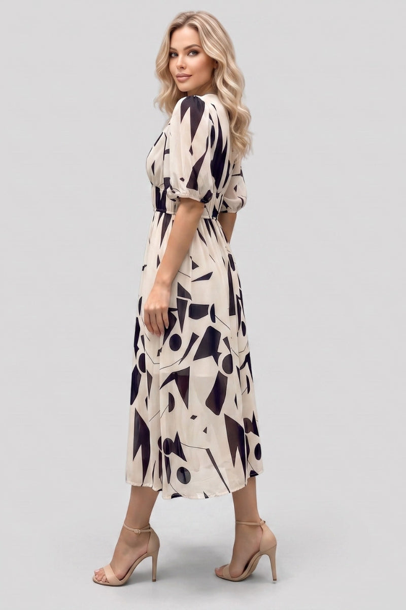 Amara | V Neck Short Sleeve Gathered Waist Midi Dress
