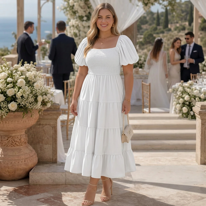 Belen | Smocked Square-Neck Puff Sleeve Tiered Midi Dress