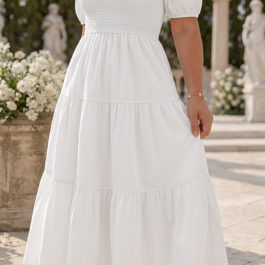 Belen | Smocked Square-Neck Puff Sleeve Tiered Midi Dress