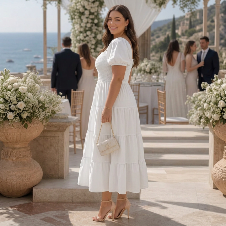 Belen | Smocked Square-Neck Puff Sleeve Tiered Midi Dress