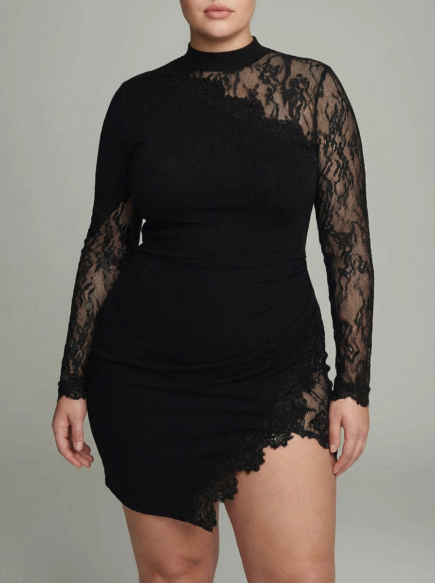Elspeth | Black Turtleneck Lace Asymmetrical Tulle Long Sleeve Mini Dress