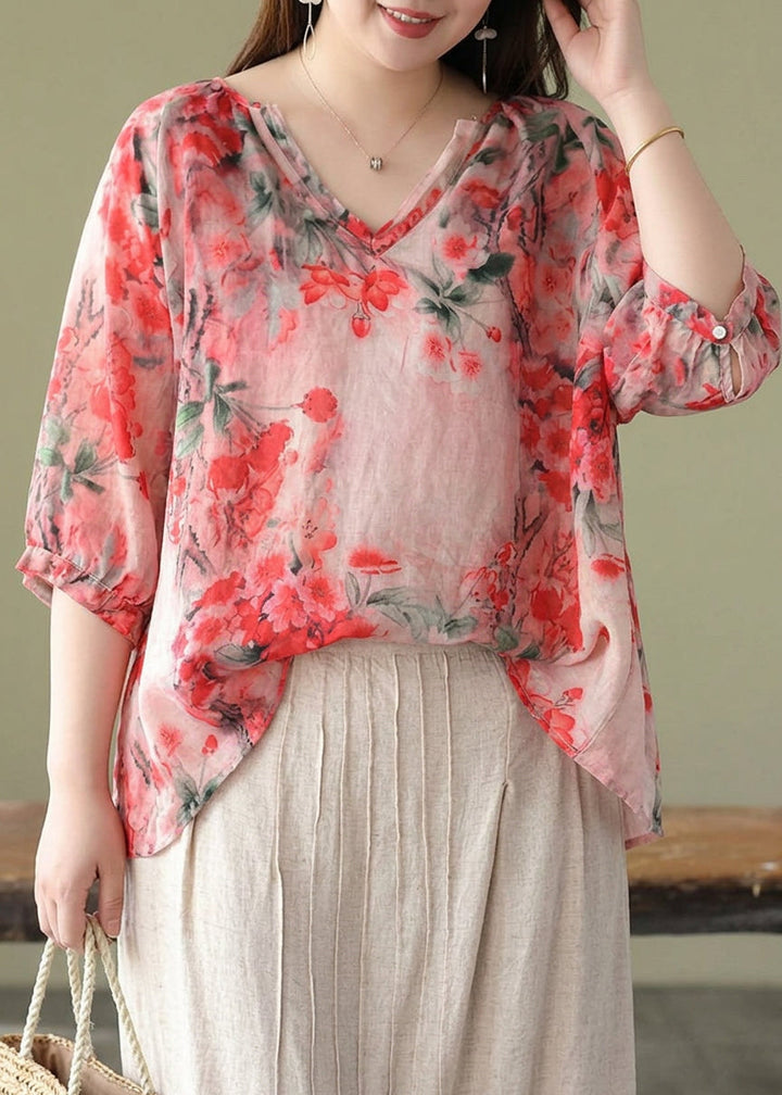Estelle - Boutique Pink V Neck Print Loose Fall Half Sleeve Blouses