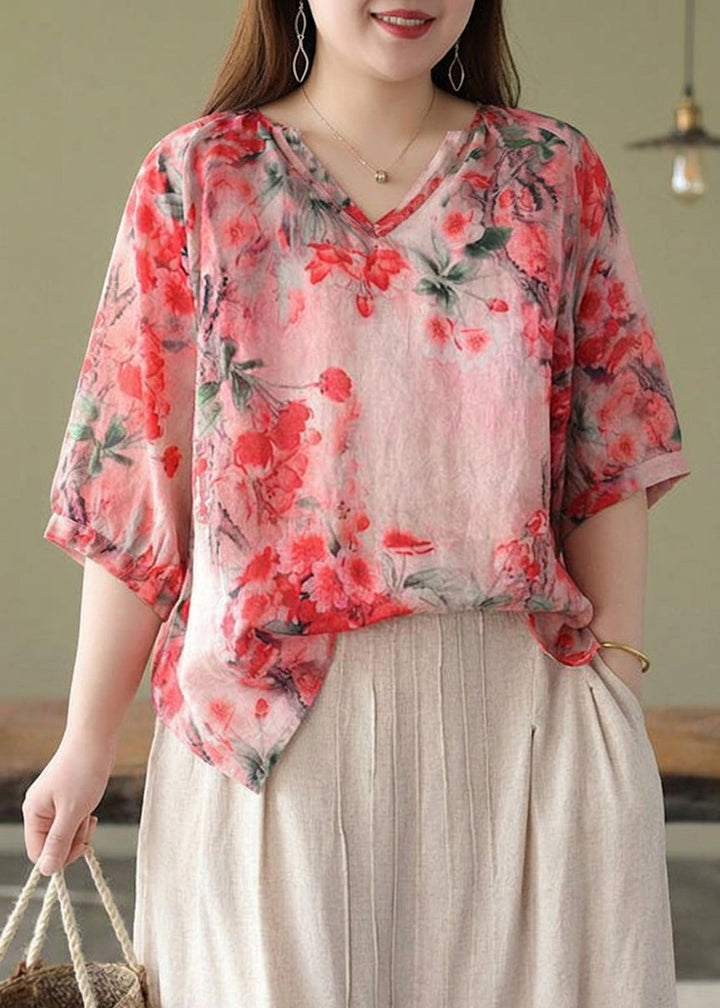 Estelle - Boutique Pink V Neck Print Loose Fall Half Sleeve Blouses