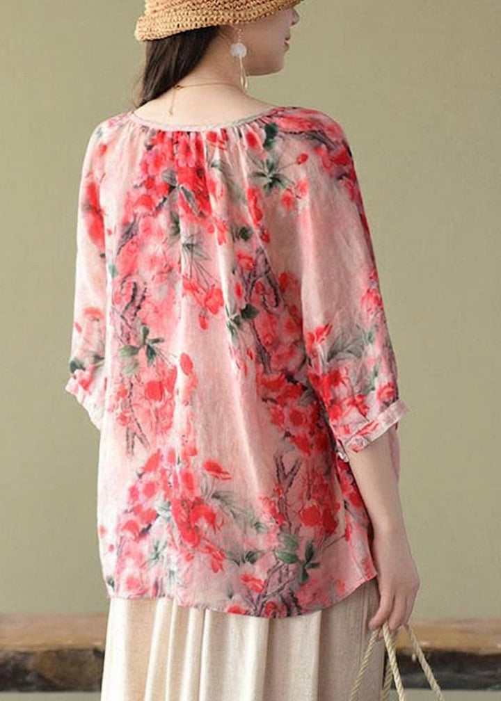 Estelle - Boutique Pink V Neck Print Loose Fall Half Sleeve Blouses