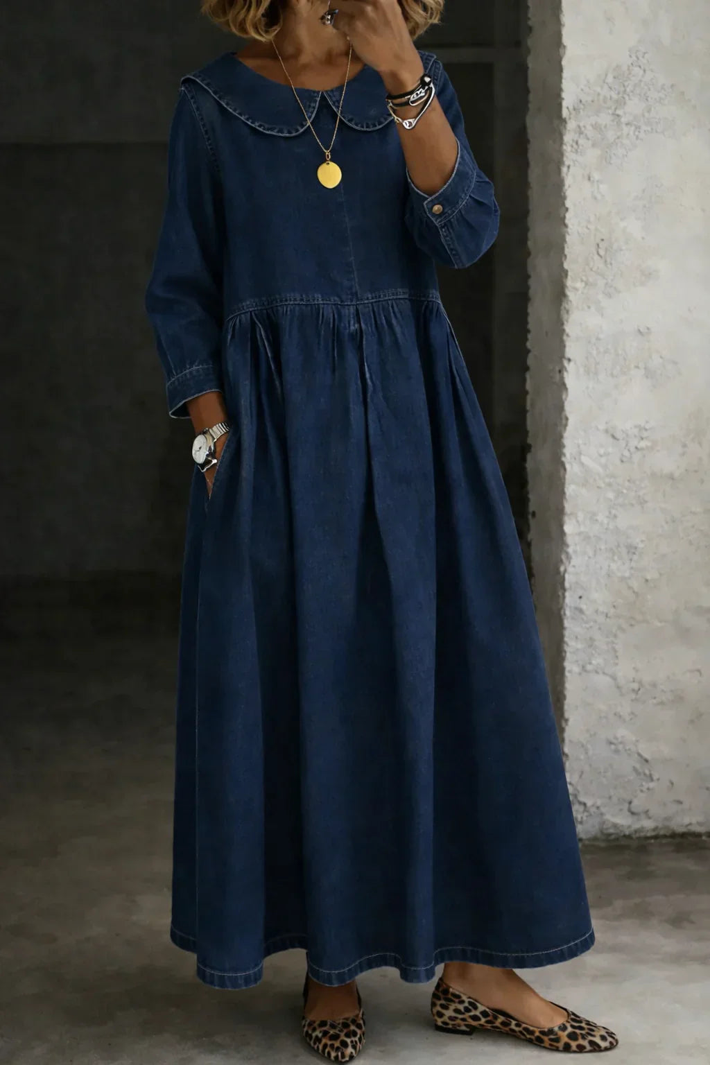 Zora | Round Neck Long Sleeve Denim Dress