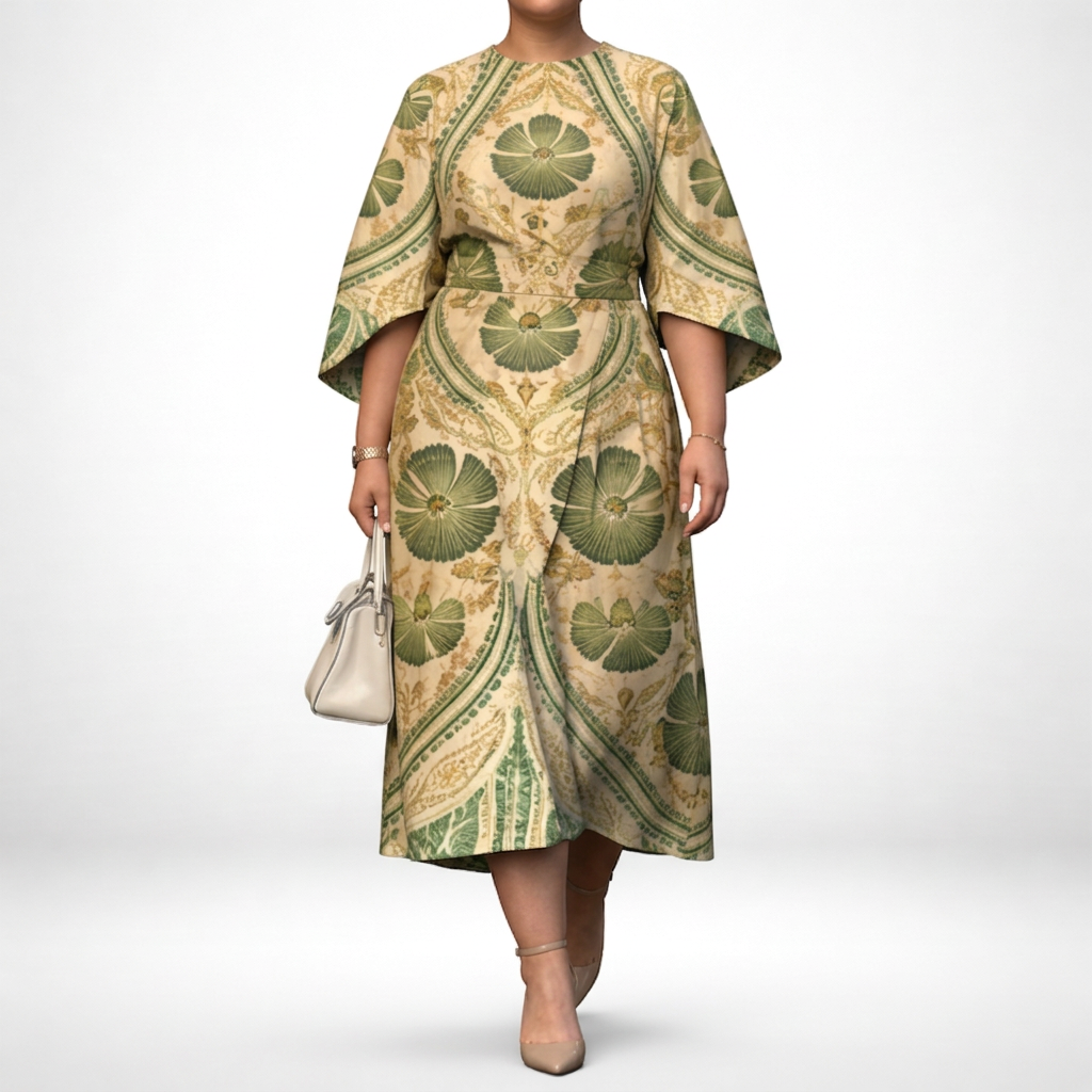 MEI | Vintage Floral Midi with Sculpted Waist and Regal Elegance