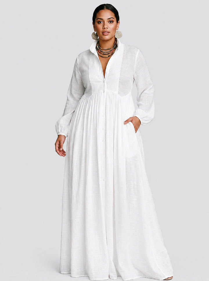 Sunniva | White Flowing Button-Front Maxi Dress