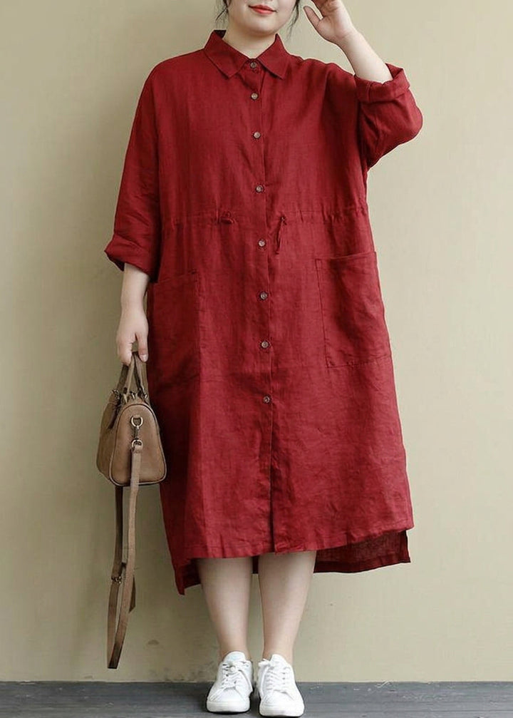 Isolde - Red Linen Shirt Dress Casual Oversize Spring Maxi Dresses