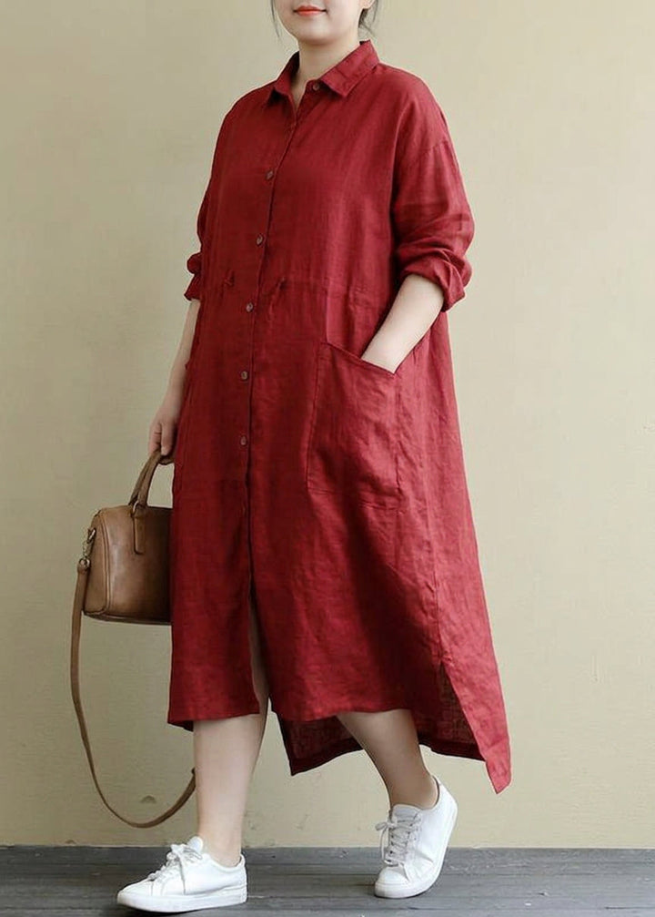 Isolde - Red Linen Shirt Dress Casual Oversize Spring Maxi Dresses