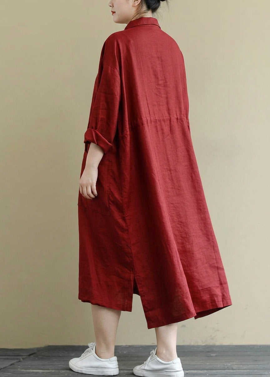 Isolde - Red Linen Shirt Dress Casual Oversize Spring Maxi Dresses