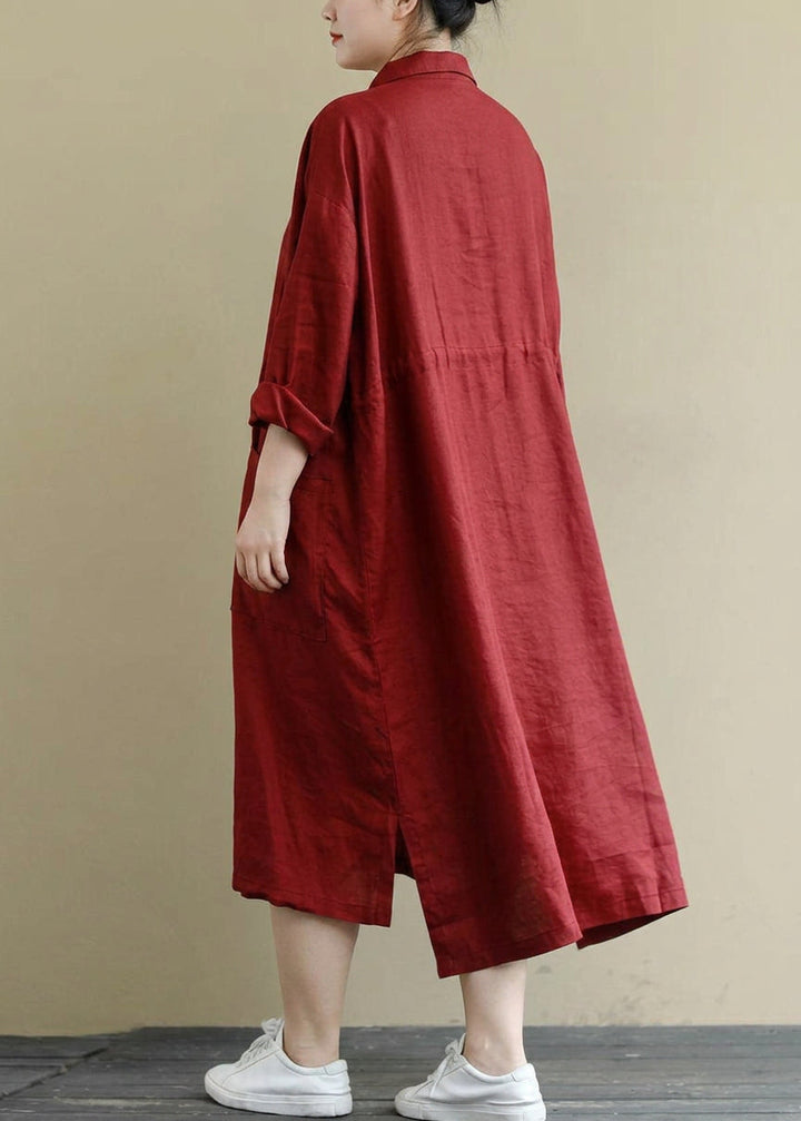 Isolde - Red Linen Shirt Dress Casual Oversize Spring Maxi Dresses