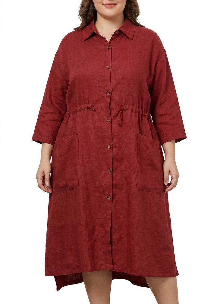 Isolde - Red Linen Shirt Dress Casual Oversize Spring Maxi Dresses