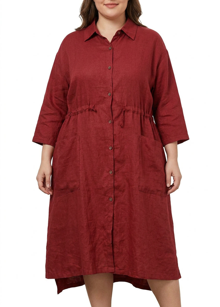 Women's Red Linen Oversize Shirt Dress with Button Front for Casual Travel Spring Maxi – Curve & Bloom