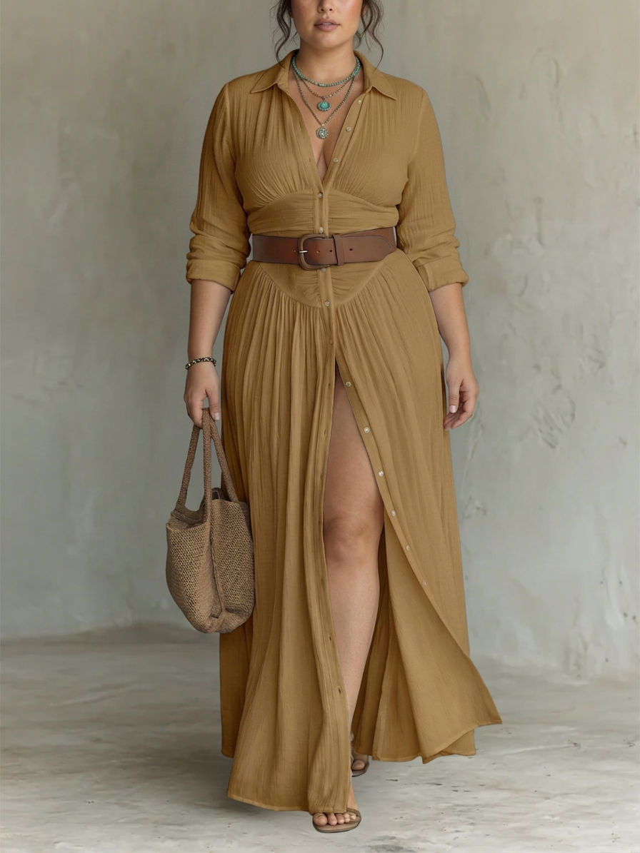 Long Maxi Dress with Notched Collar and Long Sleeves for Women