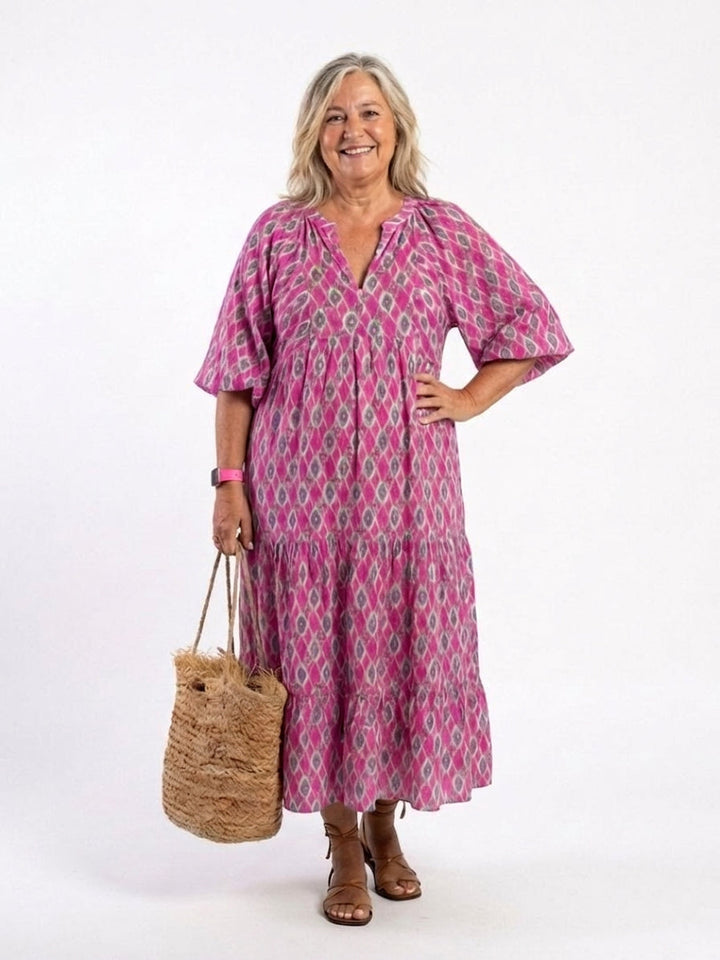 Imogen | Three Quarter Sleeve V Neck Patterned Midi Dress