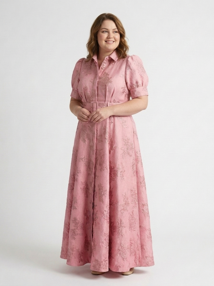 Lucienne | Short Sleeve Belted Floral Textured Maxi Shirt Dress