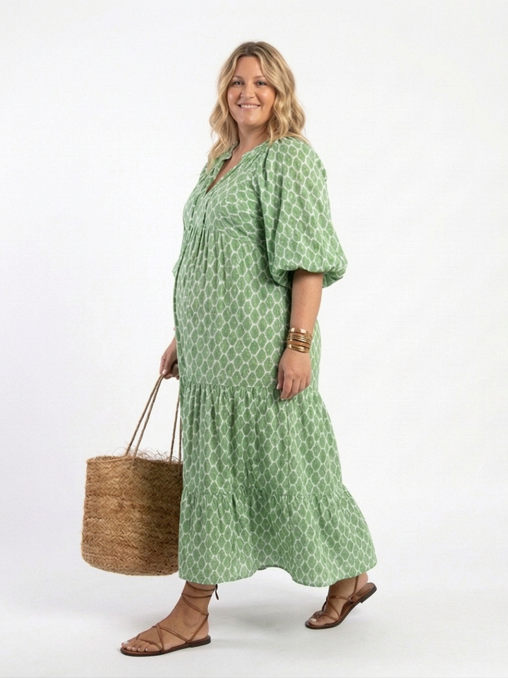 Imogen | Three Quarter Sleeve V Neck Patterned Midi Dress