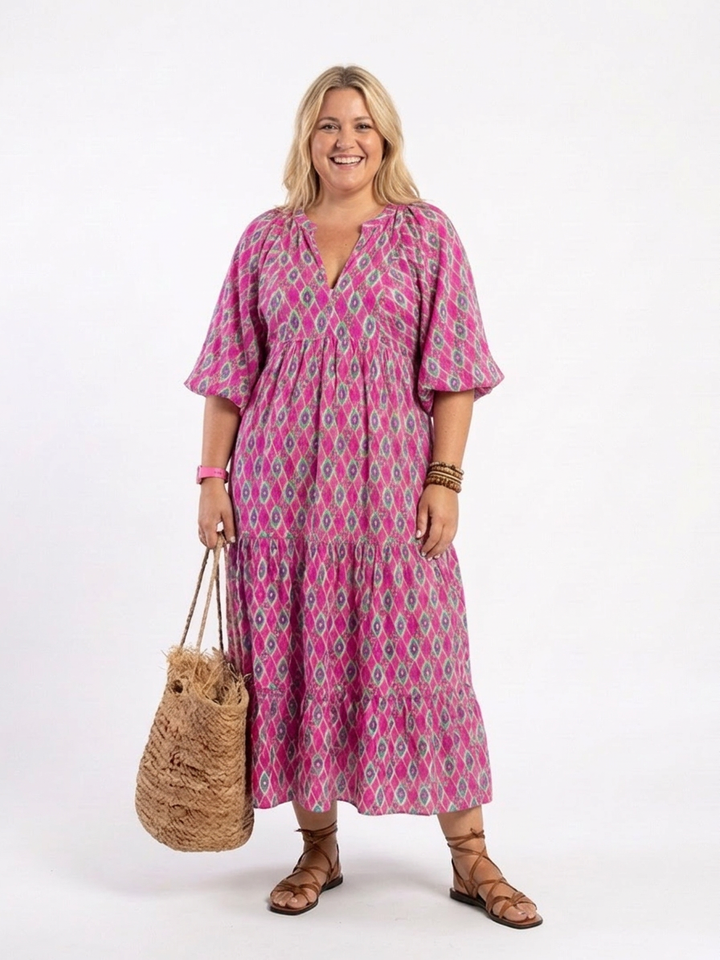 Imogen | Three Quarter Sleeve V Neck Patterned Midi Dress
