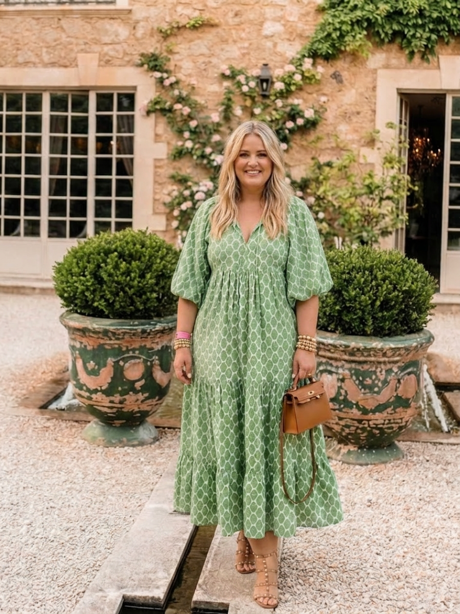 Imogen | Three Quarter Sleeve V Neck Patterned Midi Dress