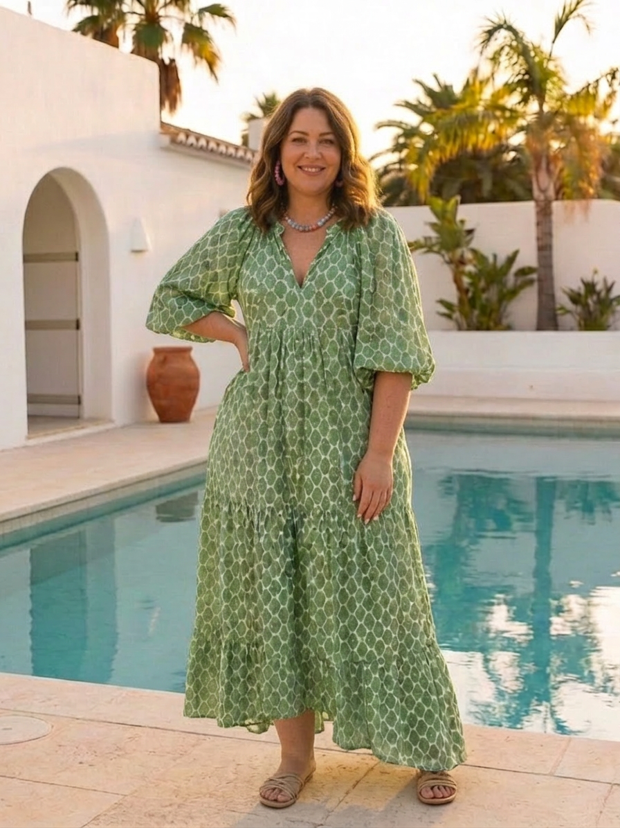 Imogen | Three Quarter Sleeve V Neck Patterned Midi Dress