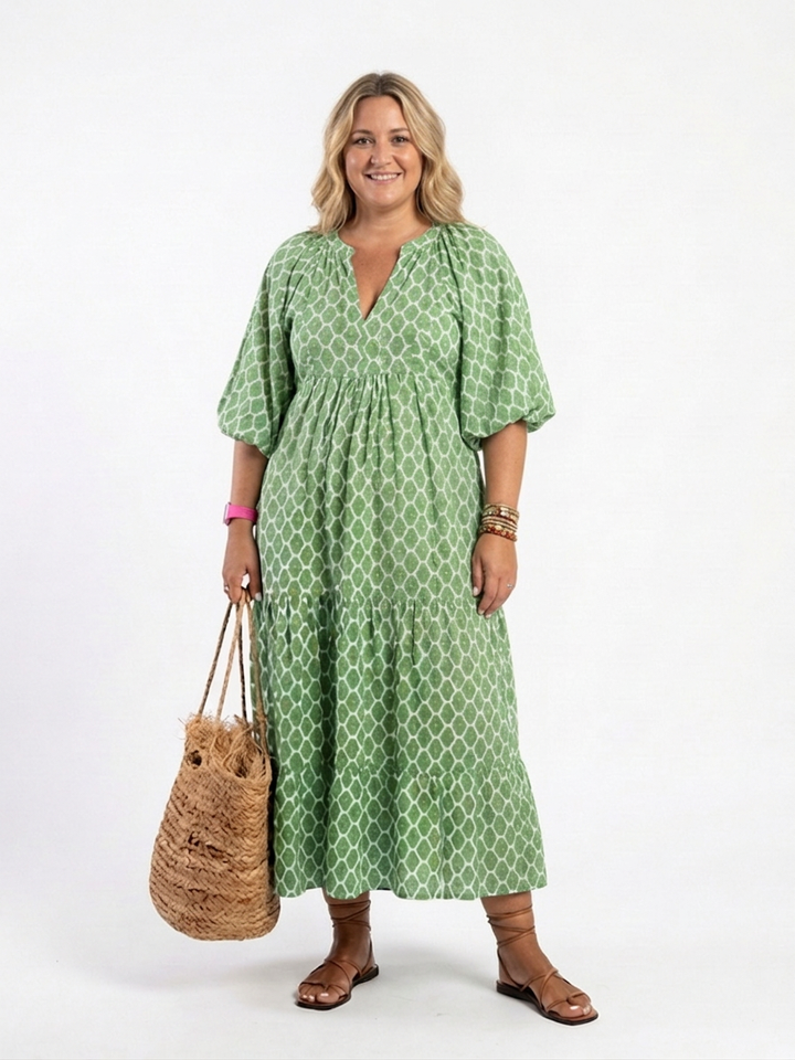 Imogen | Three Quarter Sleeve V Neck Patterned Midi Dress