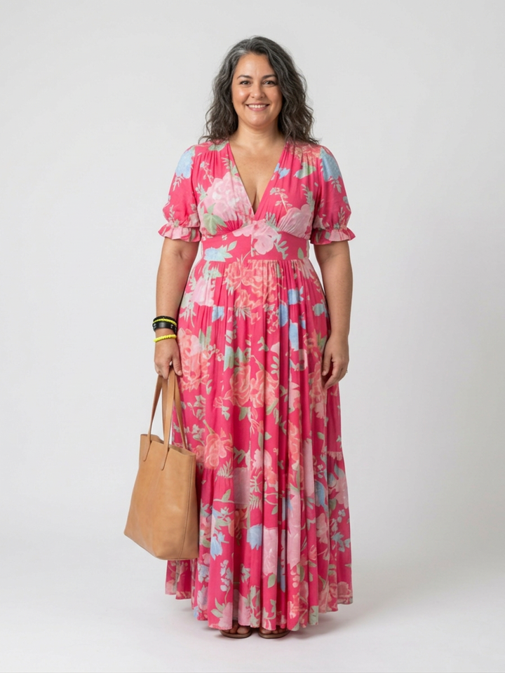 Elspeth | Short Sleeve V Neck Floral Midi Dress