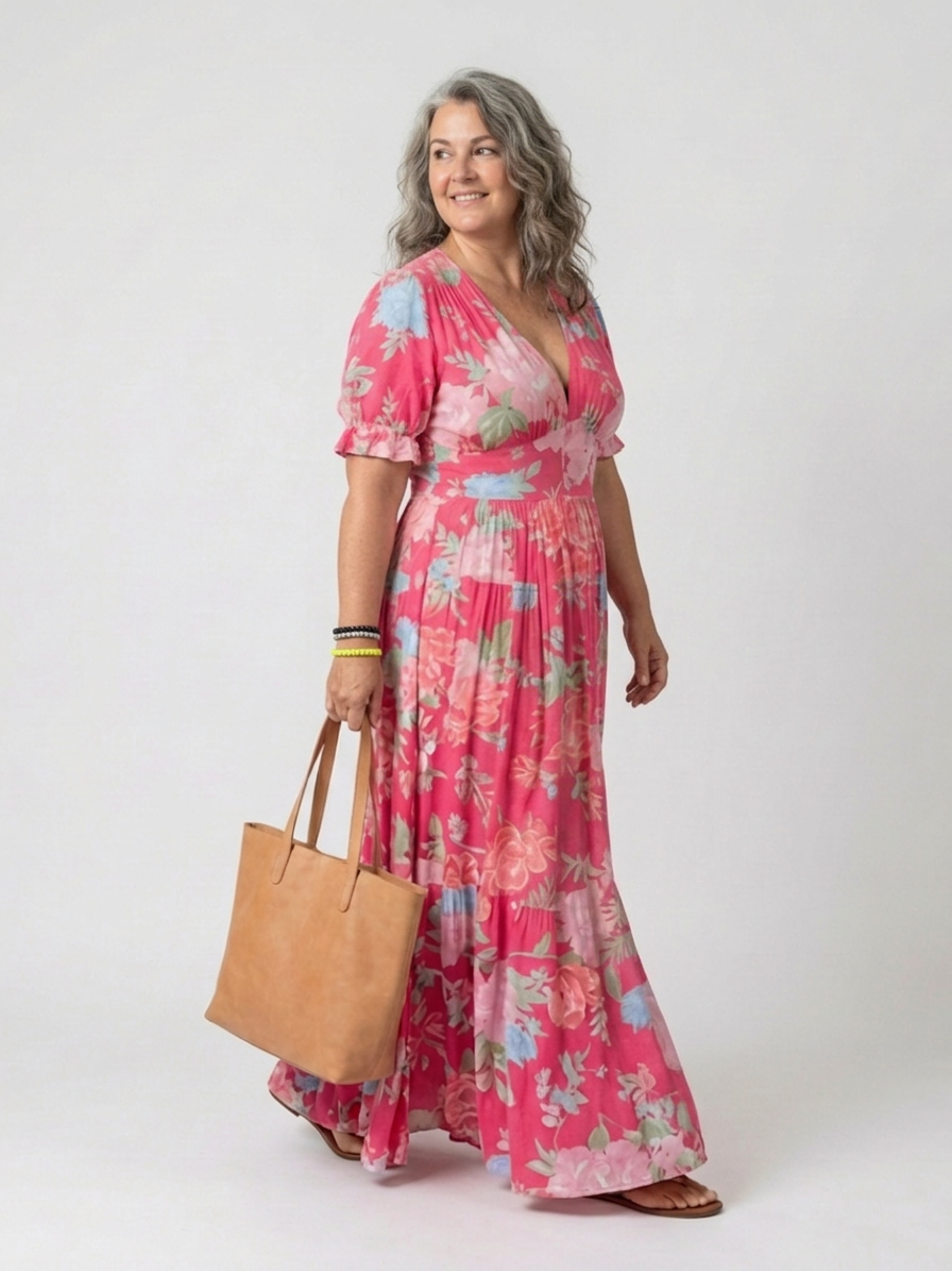 Elspeth | Short Sleeve V Neck Floral Midi Dress