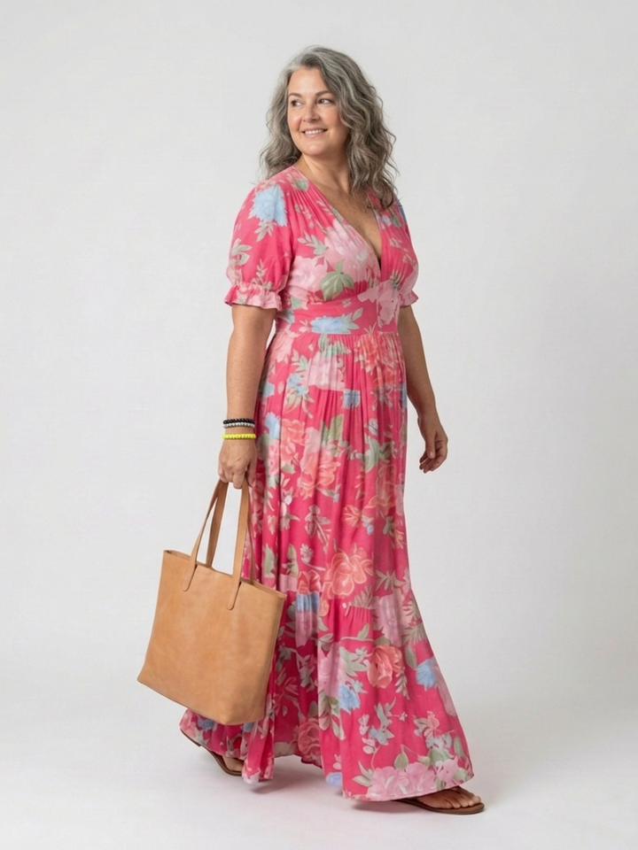 Elspeth | Short Sleeve V Neck Floral Midi Dress