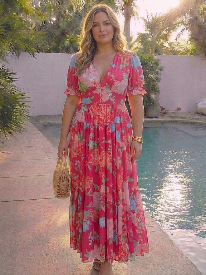 Elspeth | Short Sleeve V Neck Floral Midi Dress