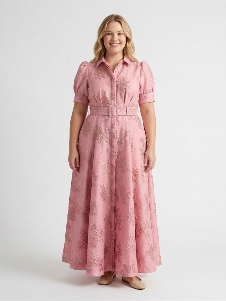 Lucienne | Short Sleeve Belted Floral Textured Maxi Shirt Dress